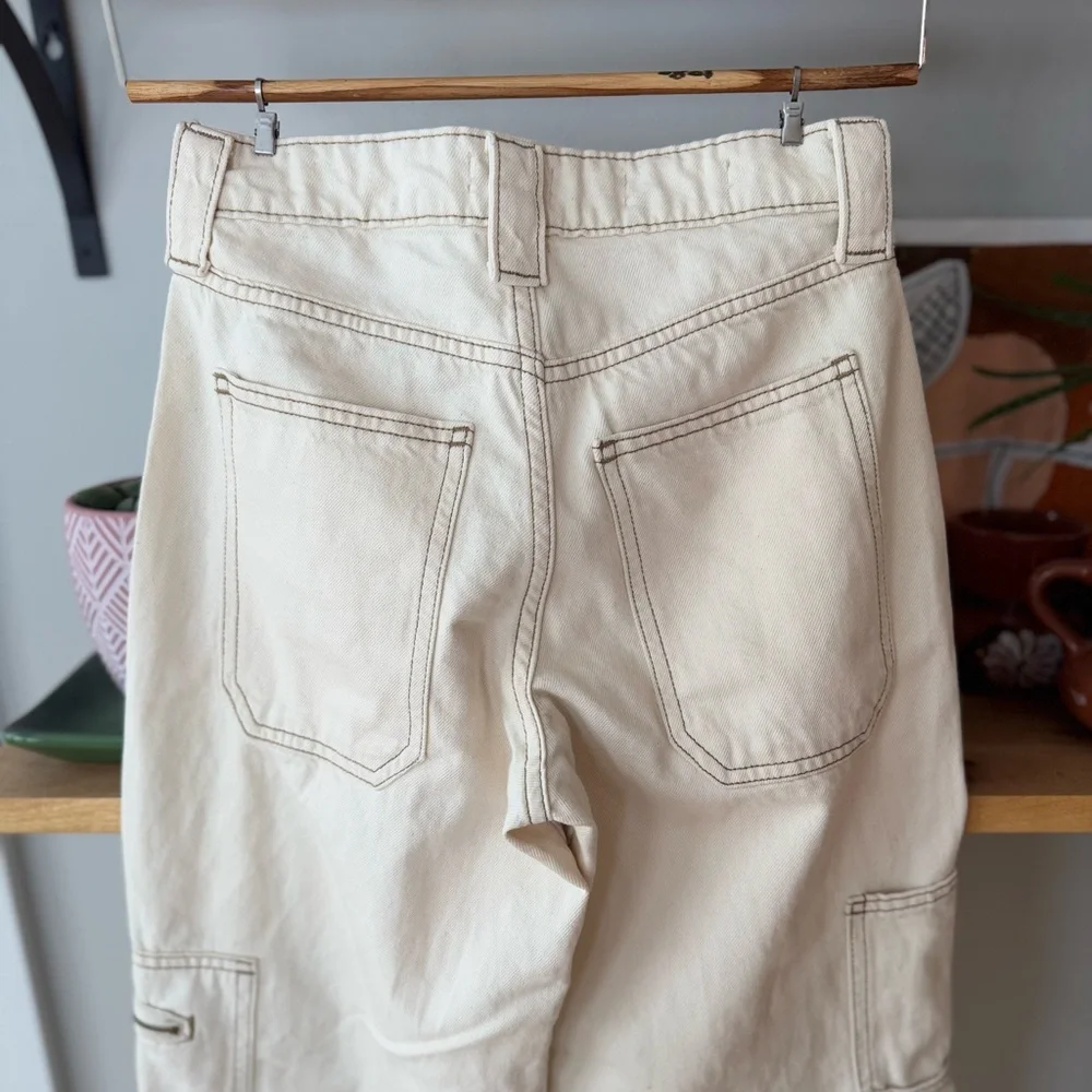 Wild Fable Ecru Ivory Cream High Rise Cargo Pants Wide Leg Denim Jeans Sz 00